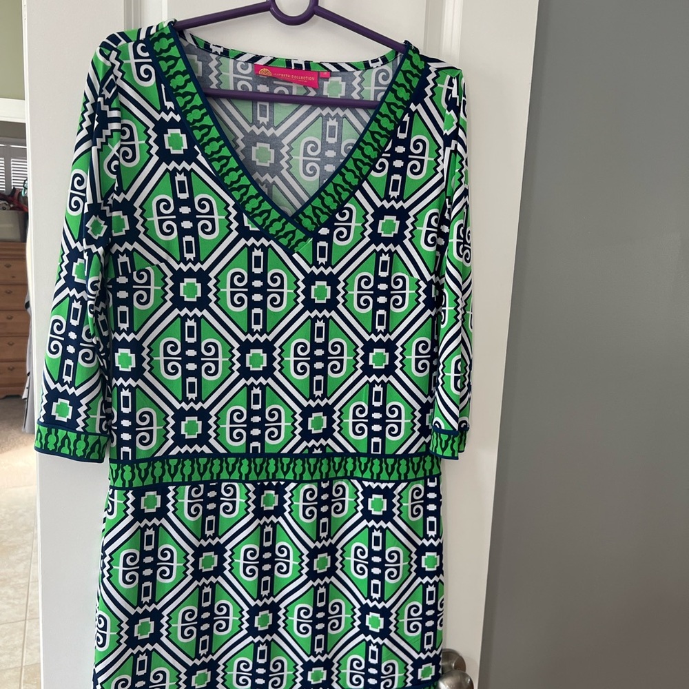 Macbeth Collection by Margaret Josephs Vibrant Green and Blue Long Sleeve Dress